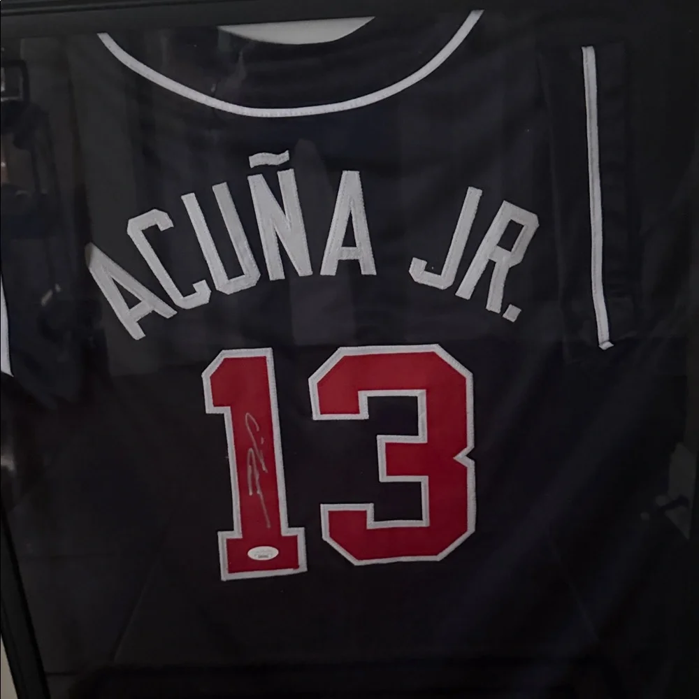 Framed Autographed/Signed Ronald Acuna Jr. Atlanta Blue Jersey with JSA COA